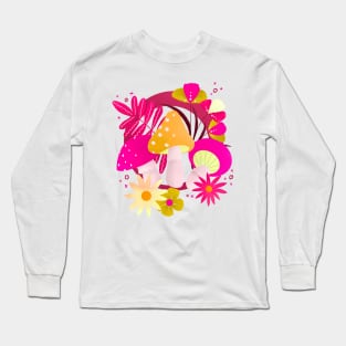 Magenta and orange retro flowers and mushrooms Long Sleeve T-Shirt